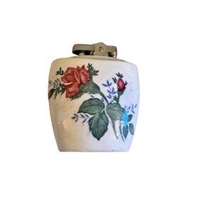 Vintage 1950's Floral Ceramic Tabletop Lighter With Red Rose Design & Metal Top